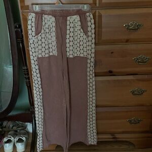Mauve Wide-Leg Pants with Cream Lace Panels